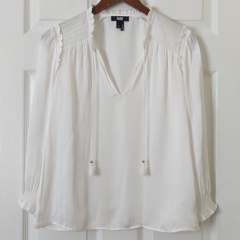 Paige Kaylynn Satin Smocked Tassel V-neck Long Sleeve Peasant Blouse White XS